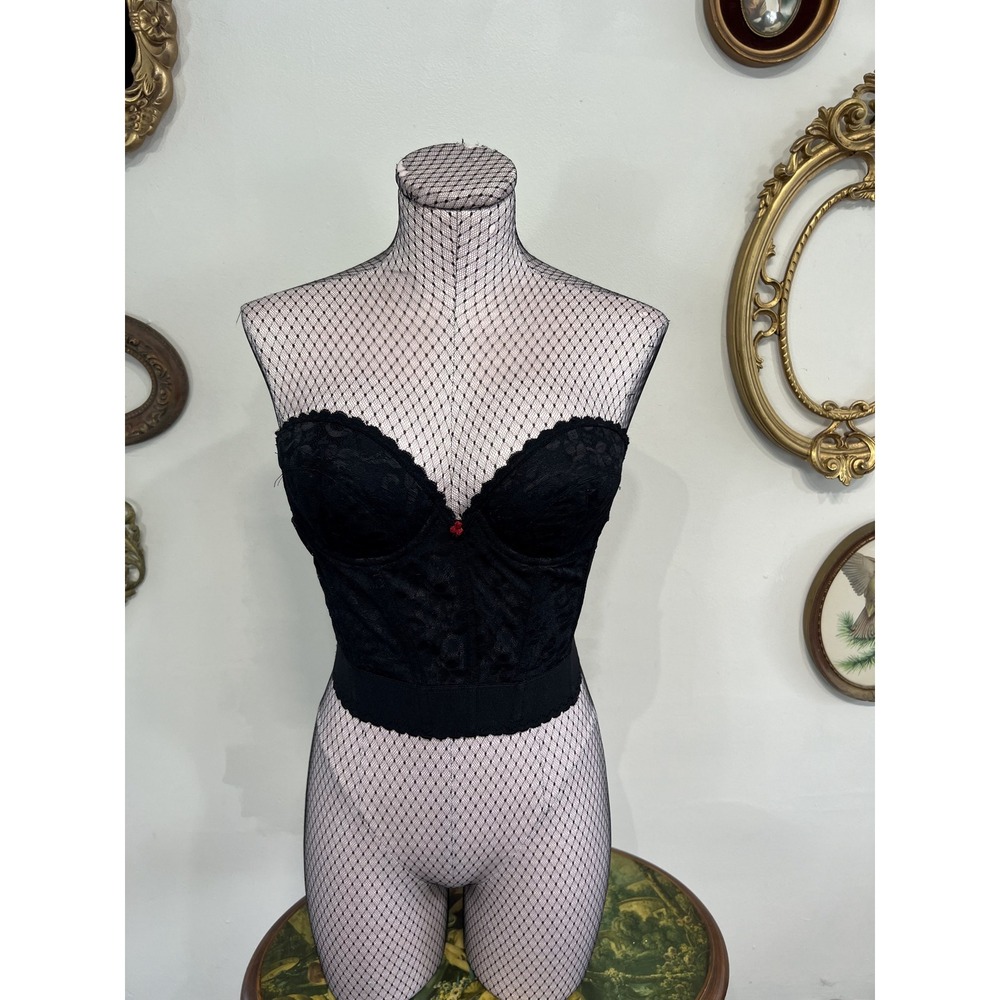 Vintage Carnival Black Lace Longline Strapless Bustier Bra Corset Top Size 36B